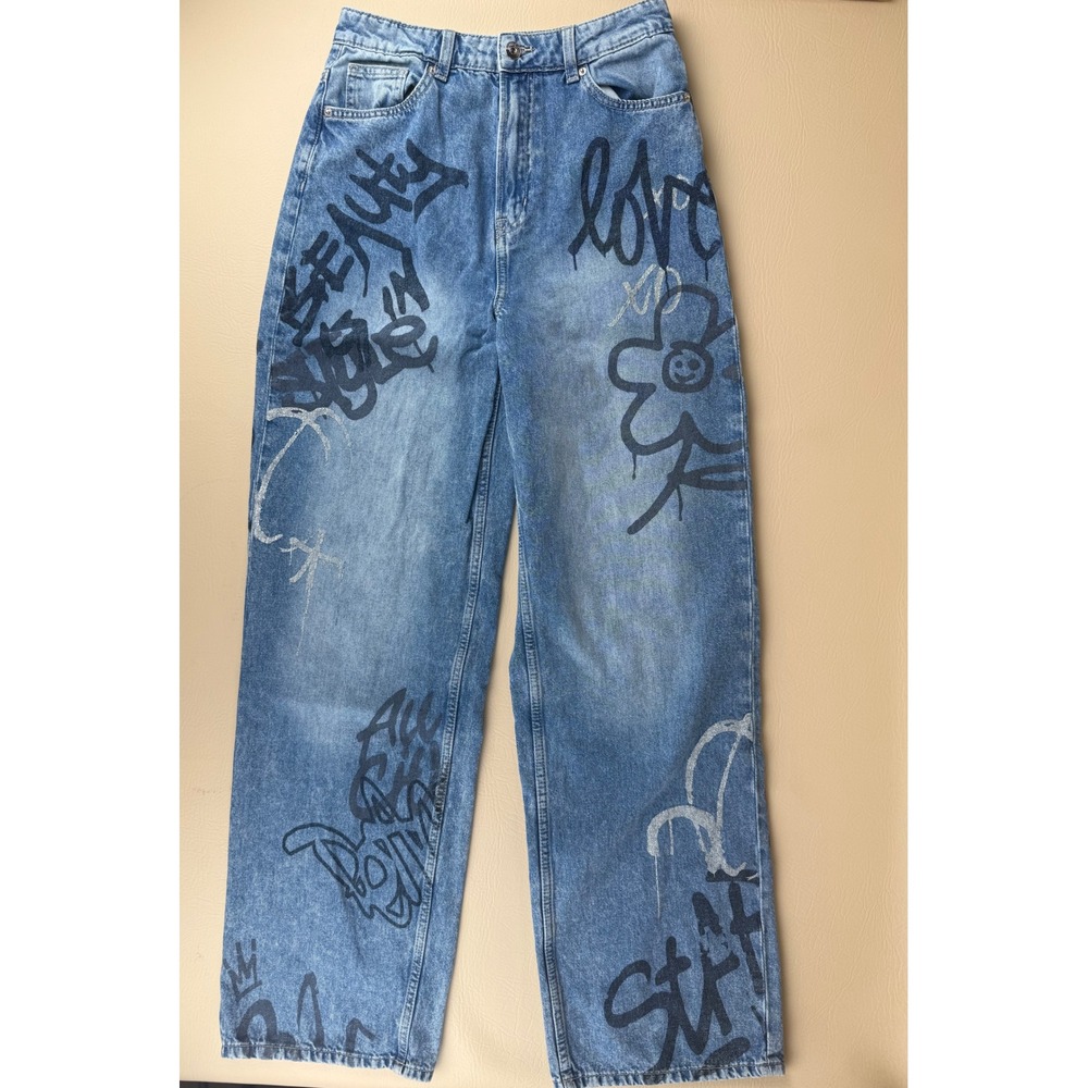 Y2K Streetwear Graffiti Wide Leg Jeans Graphic Print Size 4 H&M‎ Divided